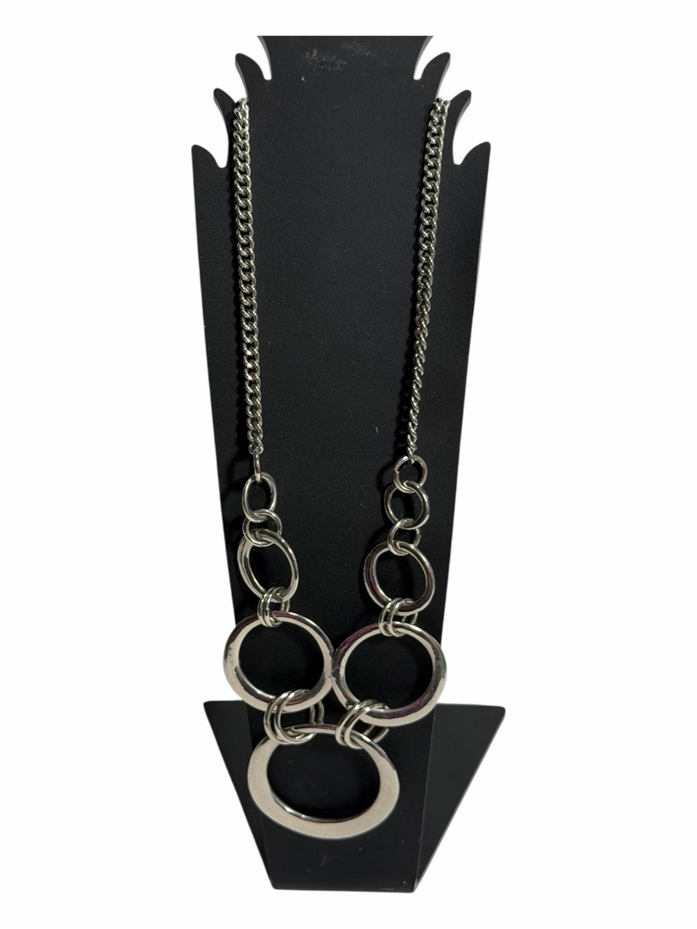 Interconnected Circle Link Necklace Silver Tone Curb Chain Modernist Boho Chic